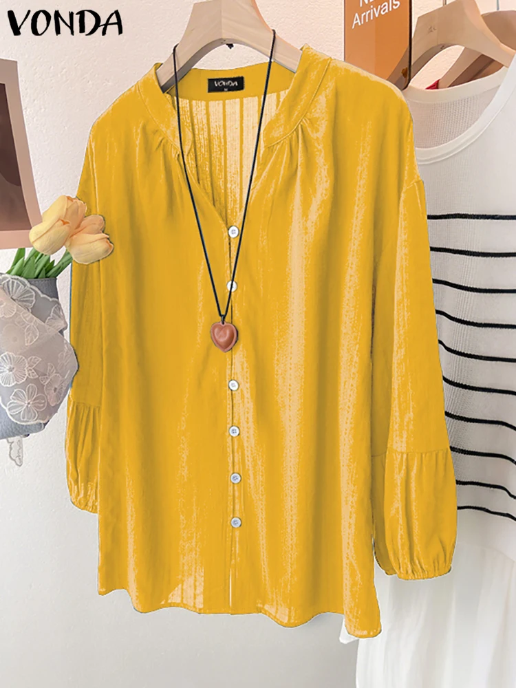 VONDA 100% Cotton Shirts Women Autumn Long Sleeve Blouse 2025 Fashion Puff Sleeve V-Neck Elegant Office Lady Tops Casual Blusas