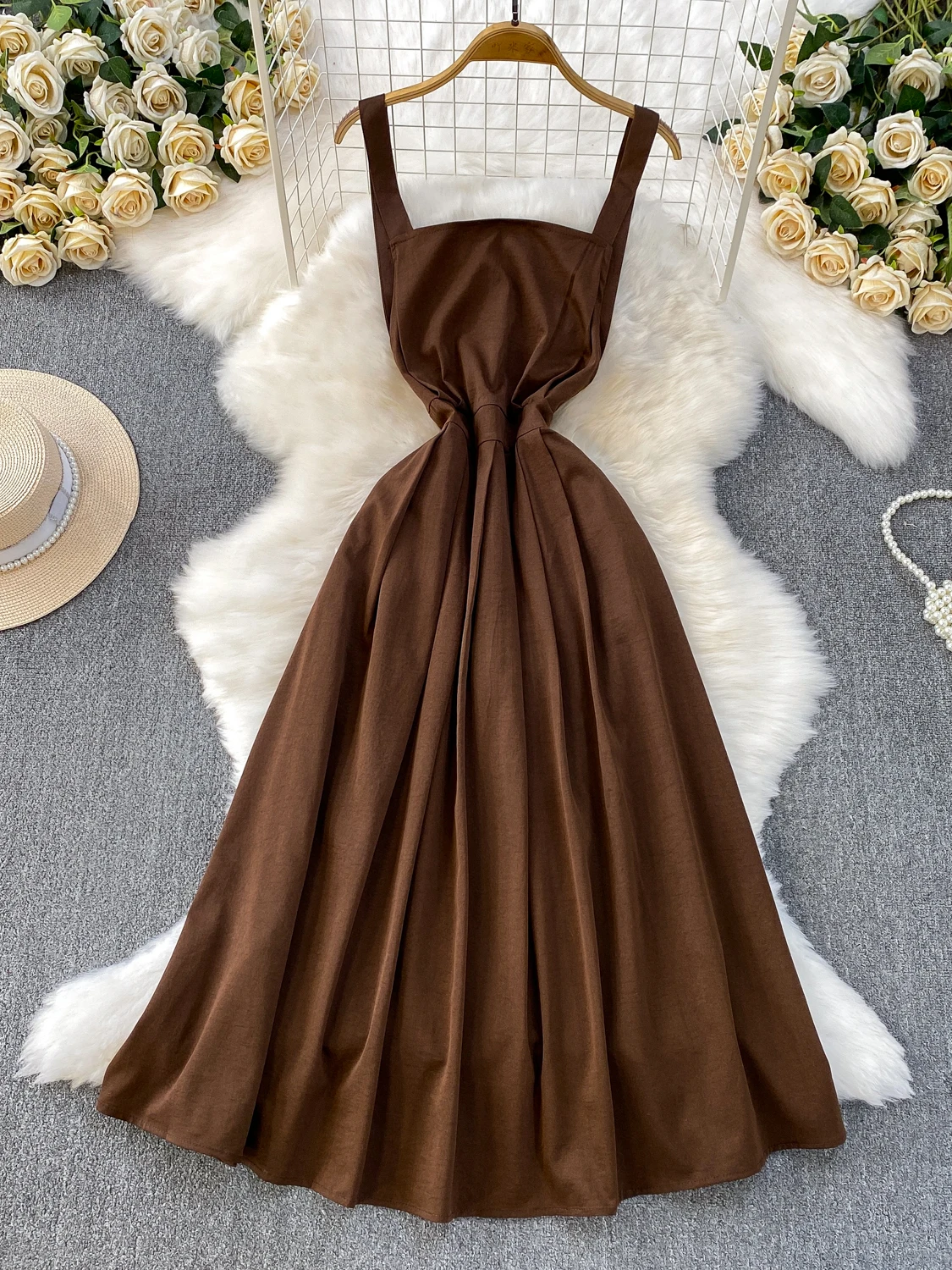 

mat Color Strap Dr Women's Summer New Sexy Bal Waist Cinching Slimming Pleated Midi Dr