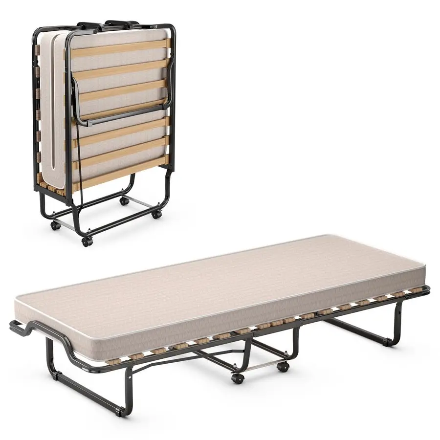Cama plegable de 90 x 200 cm con colchón de espuma viscoelástica, cama individual plegable, cama de metal resistente hasta 120 kg, cama plegable con ruedas.