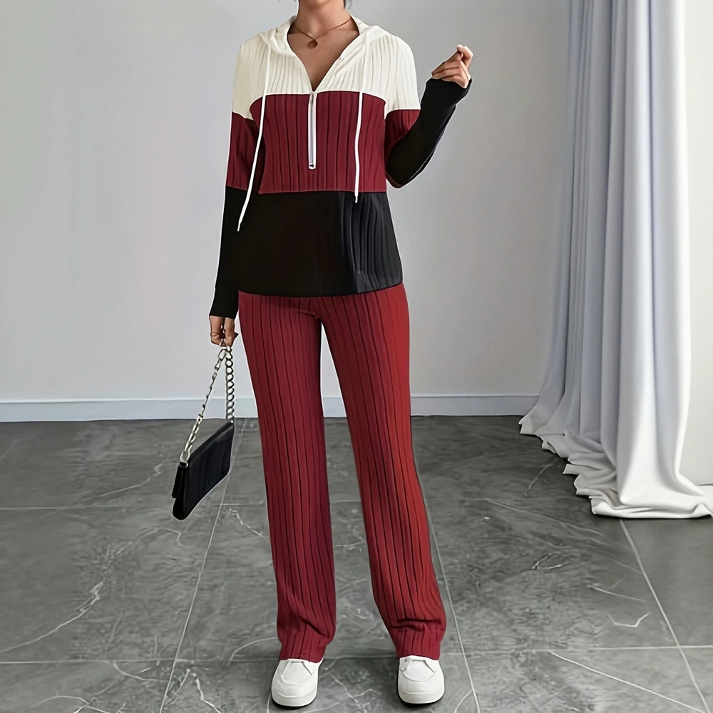 秋のレディースセットファッションベーシックコントラストカラー長袖フード付きドローストリングジッパーナチュラルウエストアンクルストレートセット