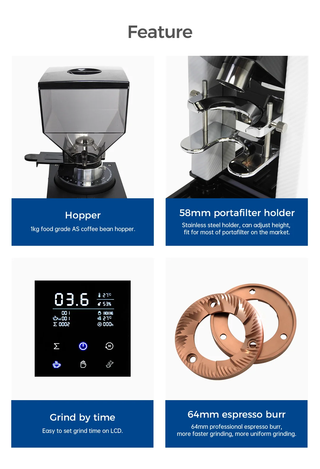 Commercial Coffee Grinder 110V/220V Touch Screen Electric Stainless Steel Housing Flat Burr Automatic Function ZF64P