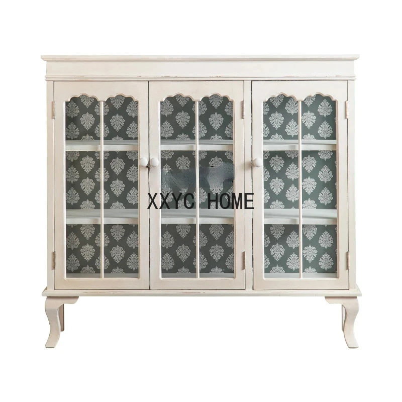 

French Pastoral Style Retro Distressed White Sideboard Cabinet Entrance Foyer Hallway Creative Glass Decorative Display Cabinet