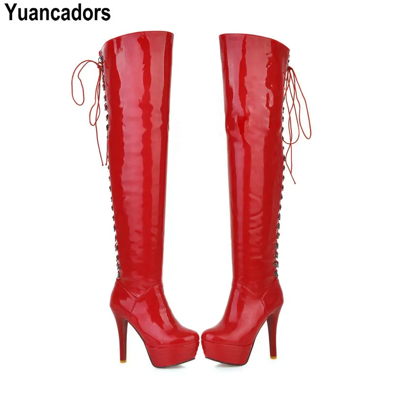

Big Size 32-52 Patent PU Leather Red Black Back Lace-up Spike High Heels Women Sexy Stripper Heels Over-the-knee Platform Boots
