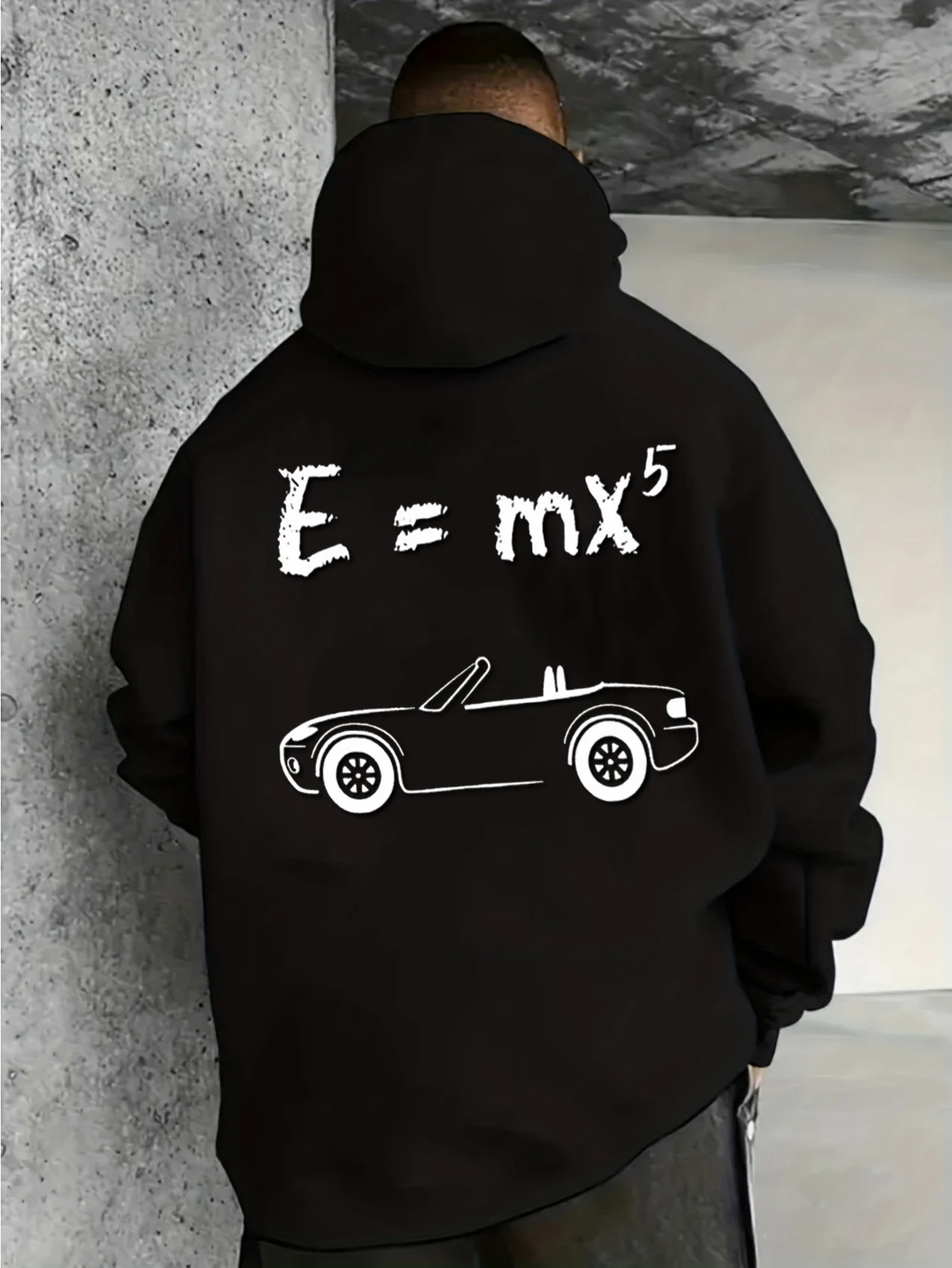 Men E=mx⁵ Roadster Back Print Hoodie, Funny Car Enthusiast Formula Graphic Drawstring Kangaroo Pocket Pullover Sweatshirt Car Lover Street Hooded Tops