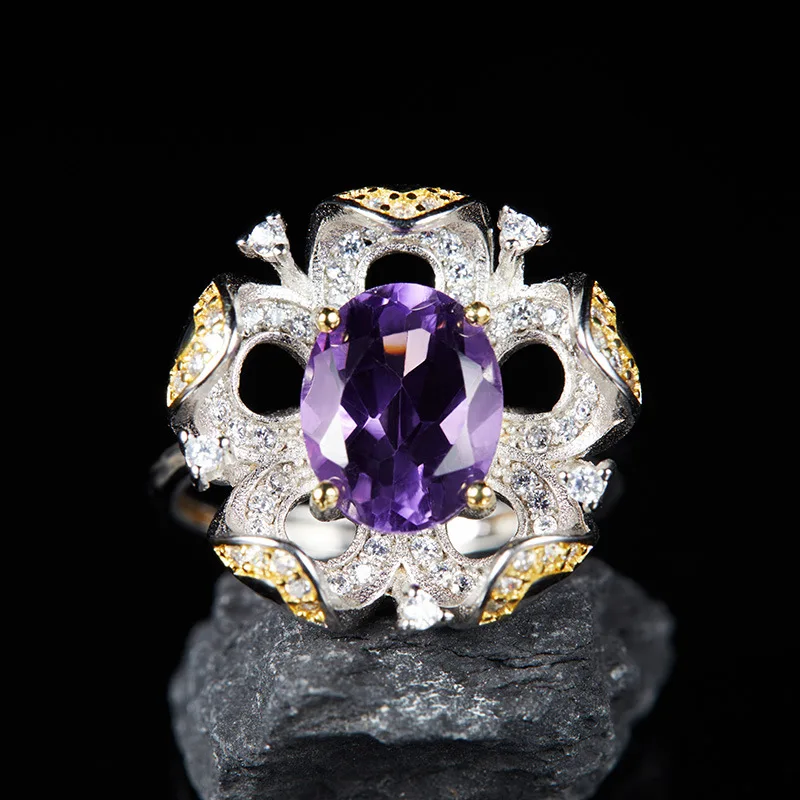 

Fashion Colorful Gemstone Flower Ring for Women925Silver Natural Amethyst Gemstone Ring Light Luxury Elegant Jewelry