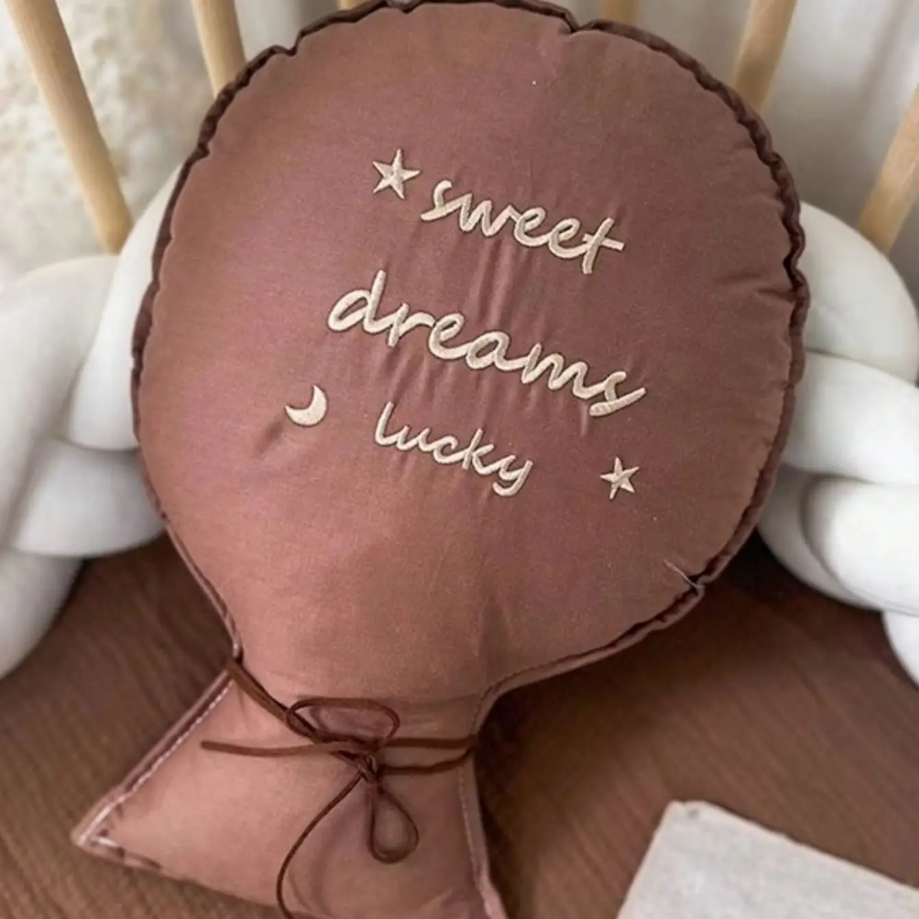 Sweet Dreams Lucky Balloon Shaped Baby Pillow, Embroidered Nursery Decor Cushion, Soft Cotton Stuffed Throw Pillow for Crib Bedr