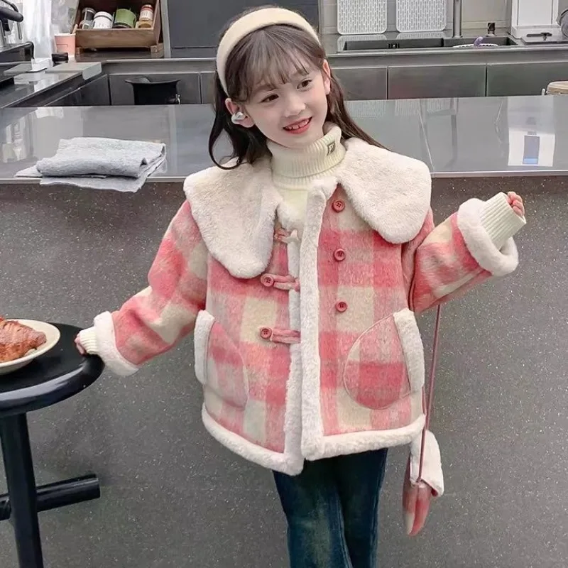 

2025 New Women's Winter Furry Lined Thickened Wool Coat for Girls Winter Jacket with Warmth Trendy Children's Outerwear