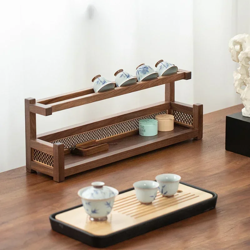 New Chinese Style Black Walnut Multilayer Tea Set Display Stand Elegant Teacup Organizer Stylish Home Decor Modern Kitchen Shelf