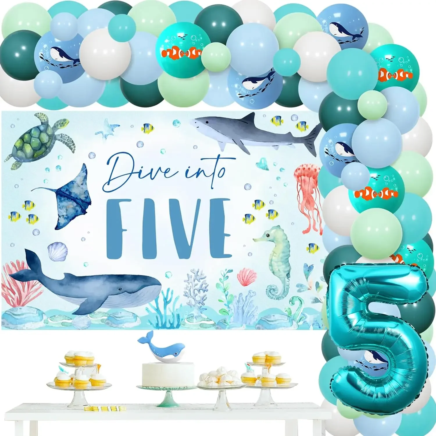 

Dive Into Five Birthday Decor Ocean Theme Party Backdrop with Balloon Garland Arch Kit Under The Sea 5th Birthday Party Supplies