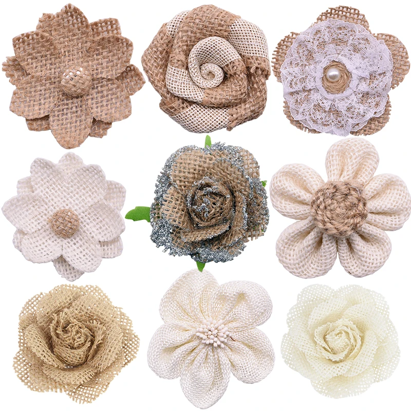 5 pz Vintage iuta naturale fiocchi di iuta rosa fiore artificiale per la cerimonia nuziale decorazione della festa di natale fai da te fiocco fatto