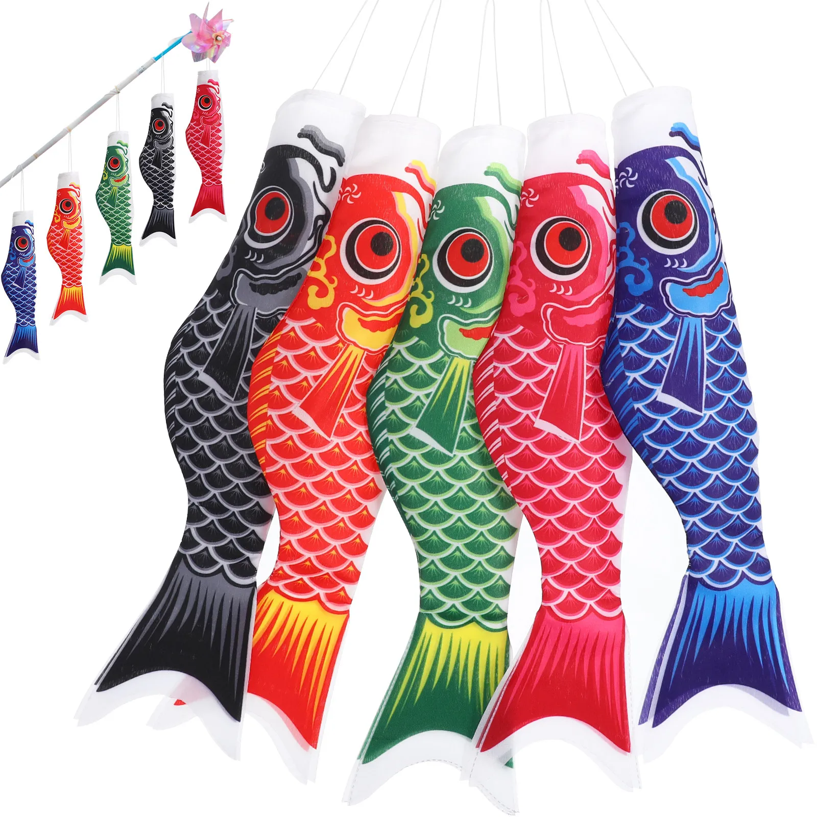 5Pcs Koinobori Carp Streamers Japanese Fish Windsocks Satin Material Easy Hang Waterproof for Boys Day Party Tree Wall