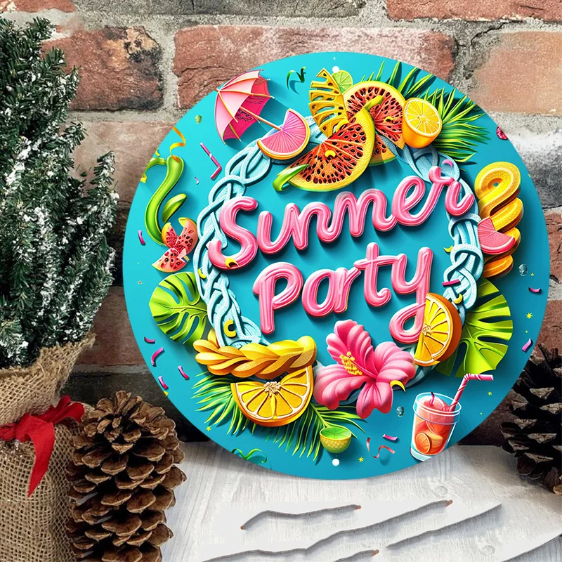 Aluminum Metal Sign, Round Wall Decor with HD Printing, Waterproof and Weather Resistant, Door Hanger for Parties, Summer Party