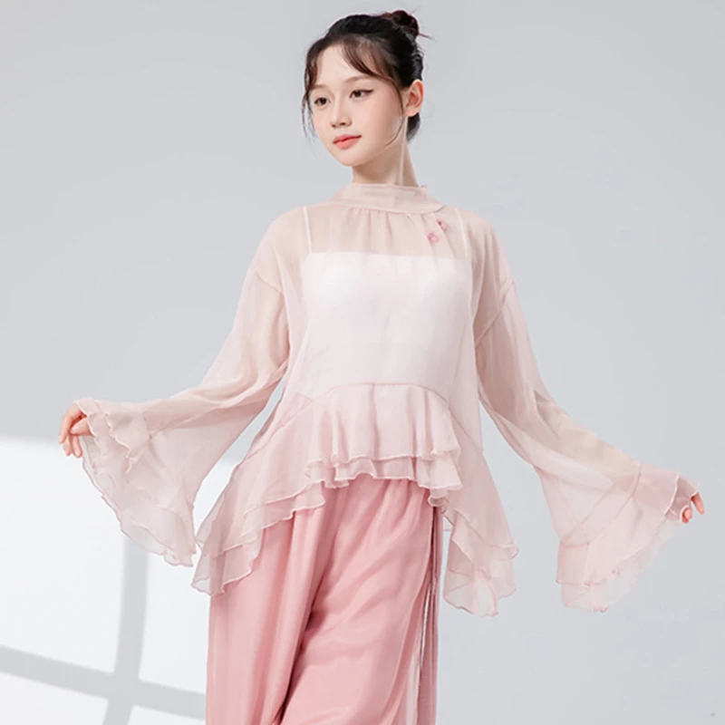 Top da danza classica da donna strati con volant barchette manica svasata camicia trasparente collo elegante abiti da pratica camicetta da performance Hanfu