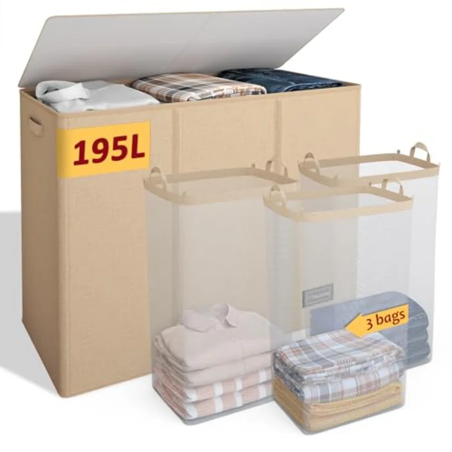 

Корзина для белья с 3 секциями, большая корзина для грязного белья с крышкой, корзина для белья с 3 внутренними мешками, складная корзина для белья, органайзер