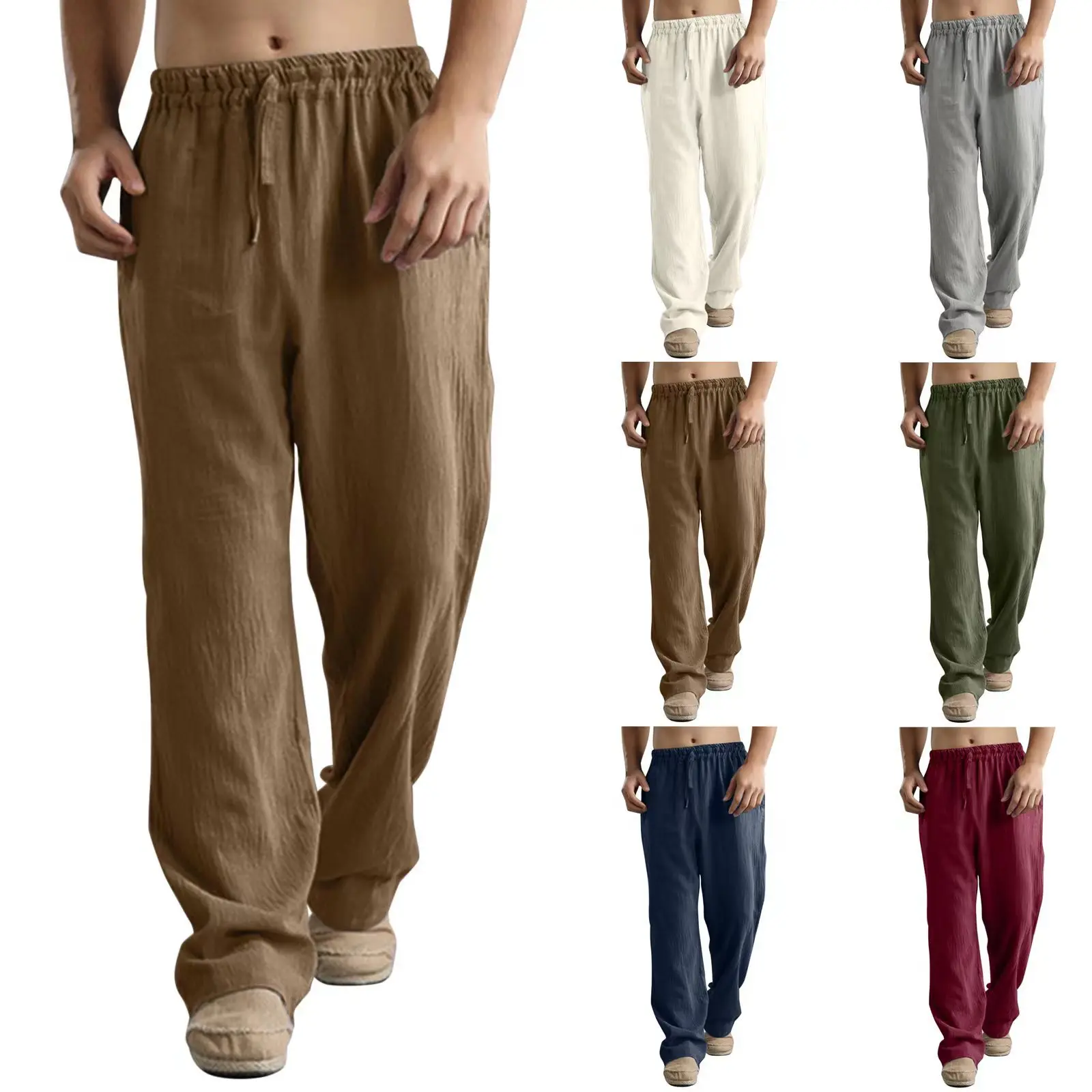 

Sports pants new spring/summer fashion brand men's hip-hop breathable cotton linen solid color simple drawstring wide leg pants