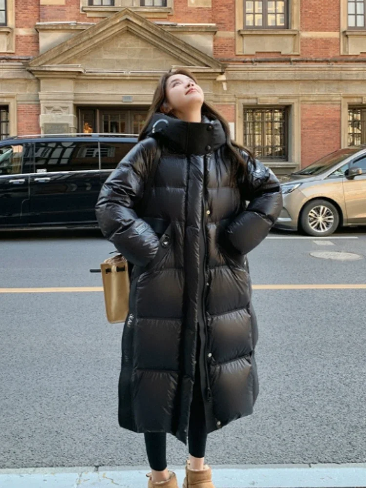 2025 جديد الخريف الشتاء الإناث مقنعين الأبيض بطة أسفل معطف الشتاء لامعة الدافئة سميكة طويلة سترة منفوخة يندبروف أبلى