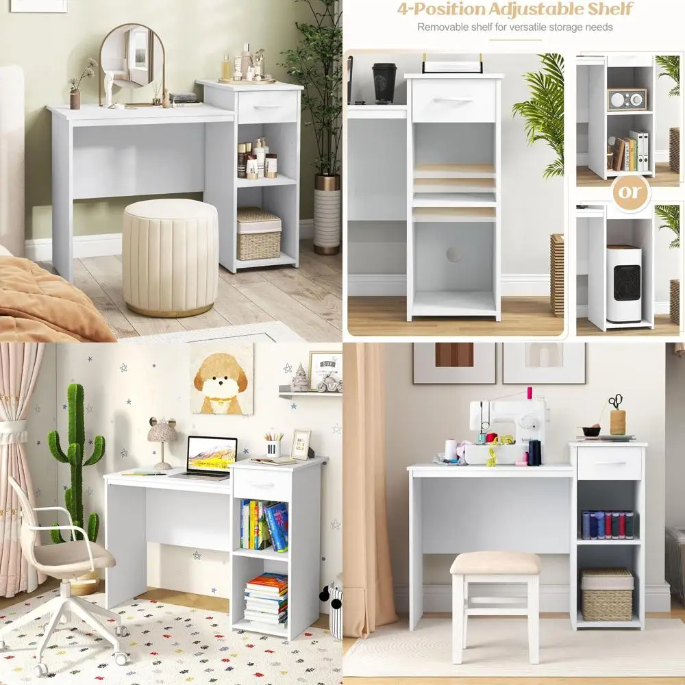 

Compact White Desk with Storage, Laptop Table, Printer Shelf, Cable Management, Ideal for Small Spaces and Home Office.