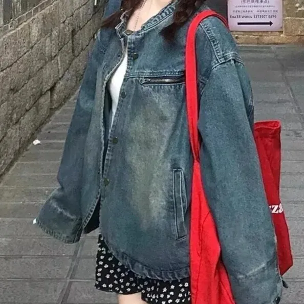 

Выцветшая джинсовая куртка в стиле ретро в гонконгском стиле, женская свободная утягивающая повседневная верхняя одежда для поездок на работу, весна-осень, Новое поступление, хлопковый материал