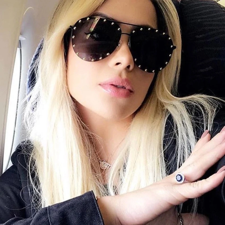 2022 Fashion Rimless Pilot Sunglasses Women Vintage Luxury Brand Design Diamond Cutting Lens Rivet Sun Glasses For Female UV400