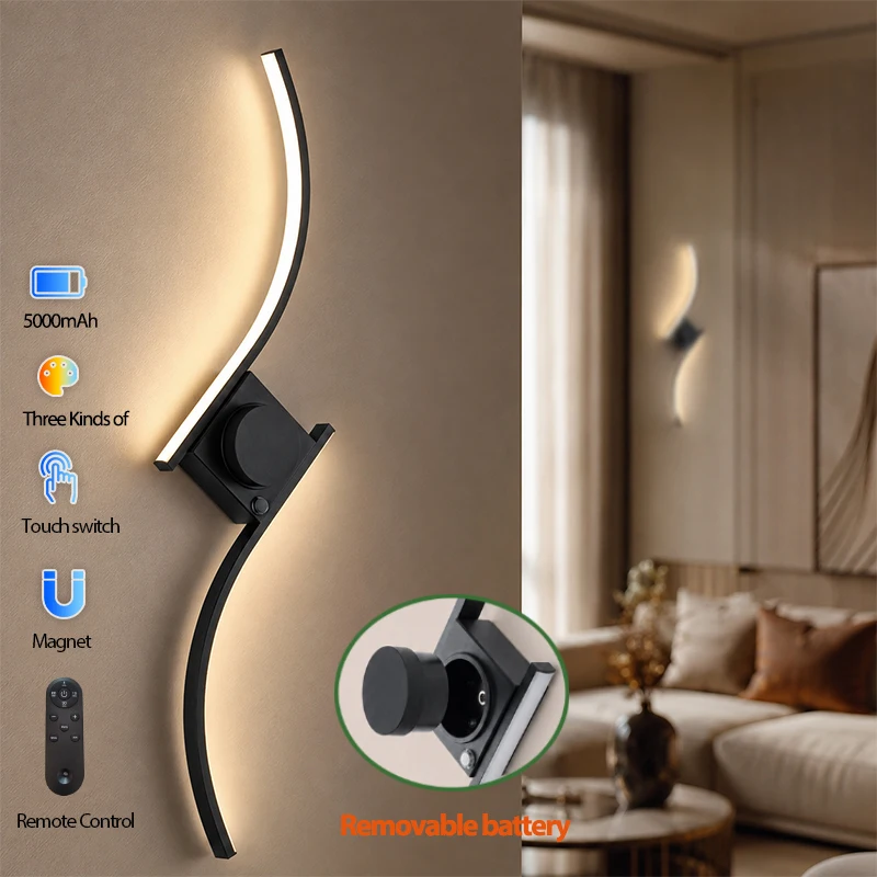 Rechargeable Curved LED Wall Lamp No Drill No Wiring Removable Battery Touch Remote Control 3 Color Dimming Bedside Living Room