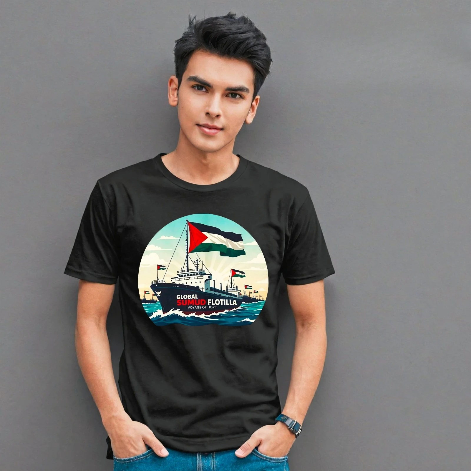 

Mens Graphic Tshirts Global Sumud Flotilla Unisex Printed T-Shirt Crew Neck Short Sleeve Cotton Tops Casual Soft Ideal