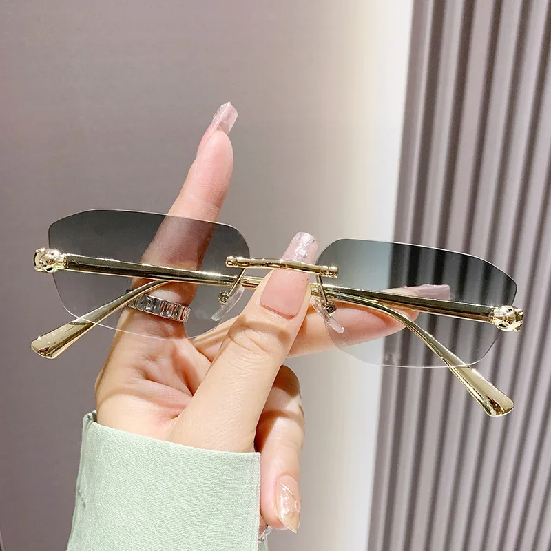 Beliebte Marke Braun Quadrat Frauen Sonnenbrille Mode Luxus Randlose Rechteck Sonnenbrille Weibliche Shades UV400 Vintage Brillen – Detail 6
