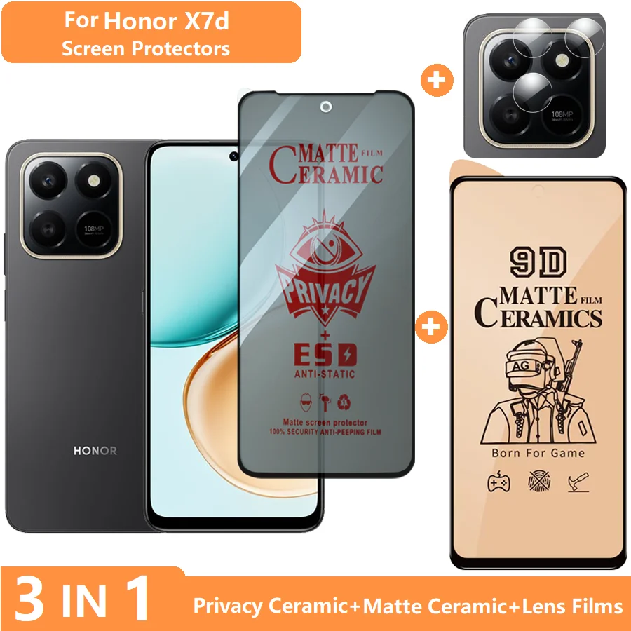 

3-in-1 Anti-fingerprint Tempered Glass for Honor X7d Screen Protector Frosted Privacy Film & Ceramic Matte Film & Lens Film
