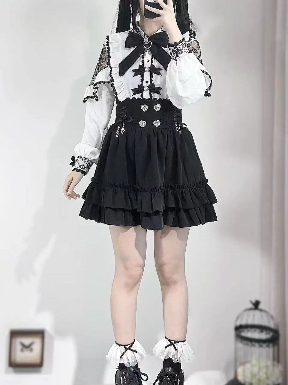 2025 春の新作日本鉱山レーススプライシングかわいい弓長袖シャツハイウエストショートスカート 2 点セット女性のスカートスーツ