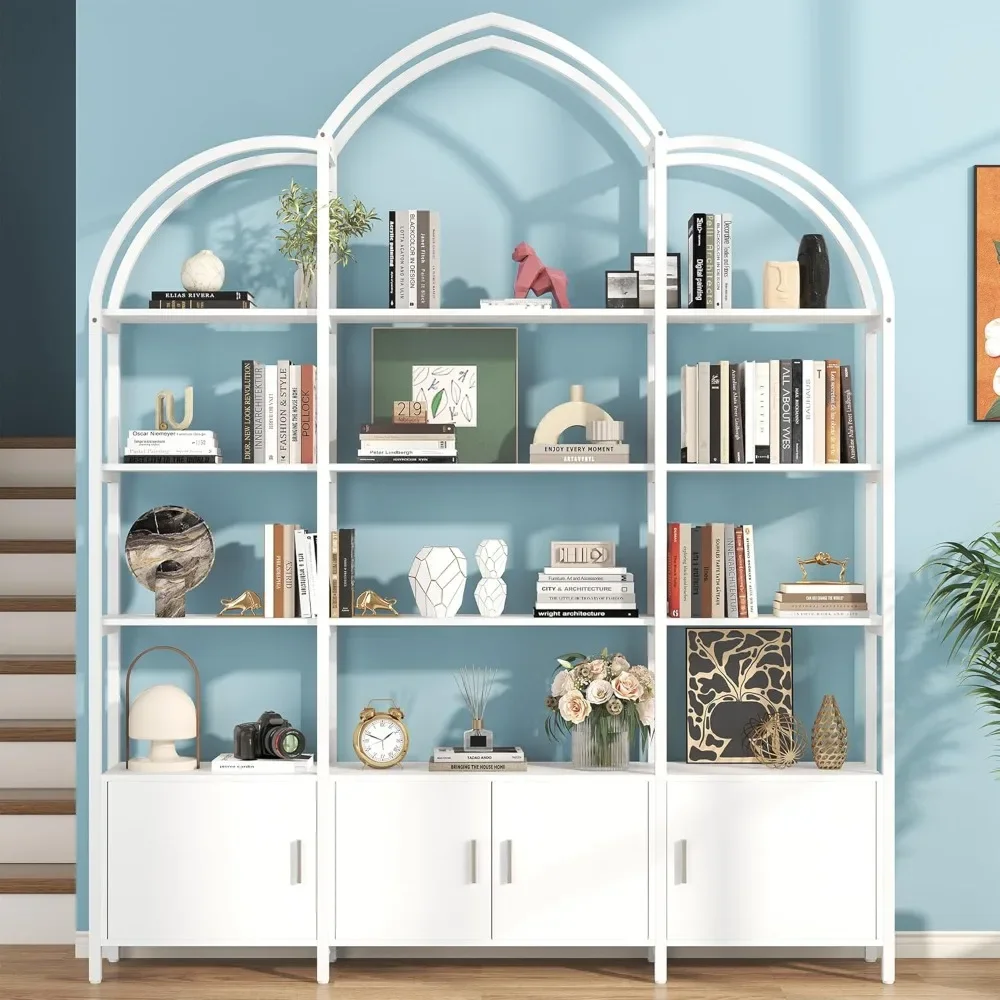 

Arched Bookshelf and Bookcase with 3 Cabinets, Triple Wide 5 Tier Standing Book Shelf, Storage Display Rack Shelves,