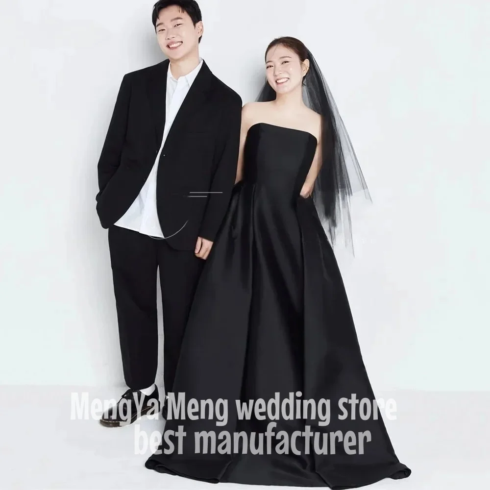 

Simple Black Satin Prom Dresses 2025 Strapless Korea Wedding Party Dress Photo Shoot Corset Pleat Formal Evening Gown Customized