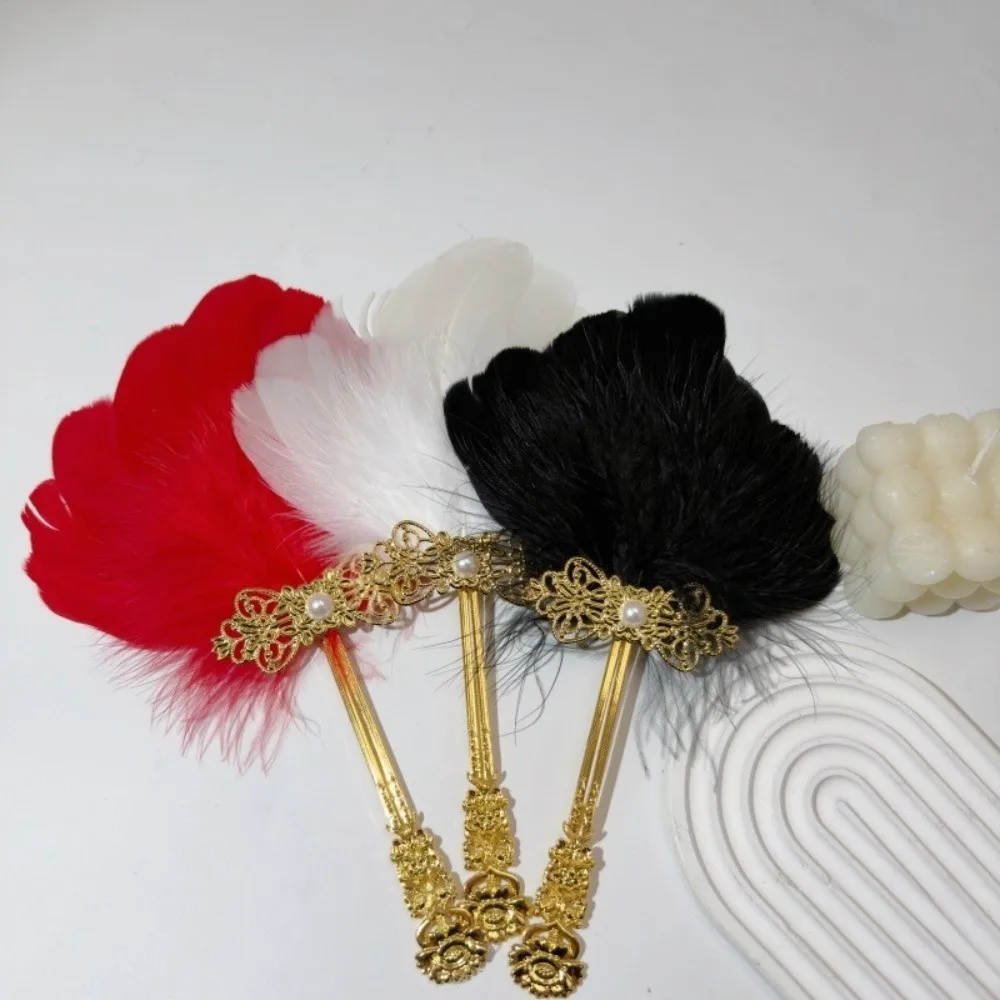 Gold Handle Feather Hand Fan Vintage Ornate Fairy Fan Fluffy Feather Fan Faux Pearl Colorful Chinese Style Fan