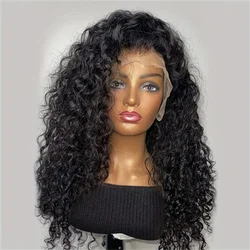 Soft Glueless Natural Black  180% Long 26Inch Kinky Curly Lace Front Wig For Women With Baby Hair  Preplucked  Synthetic