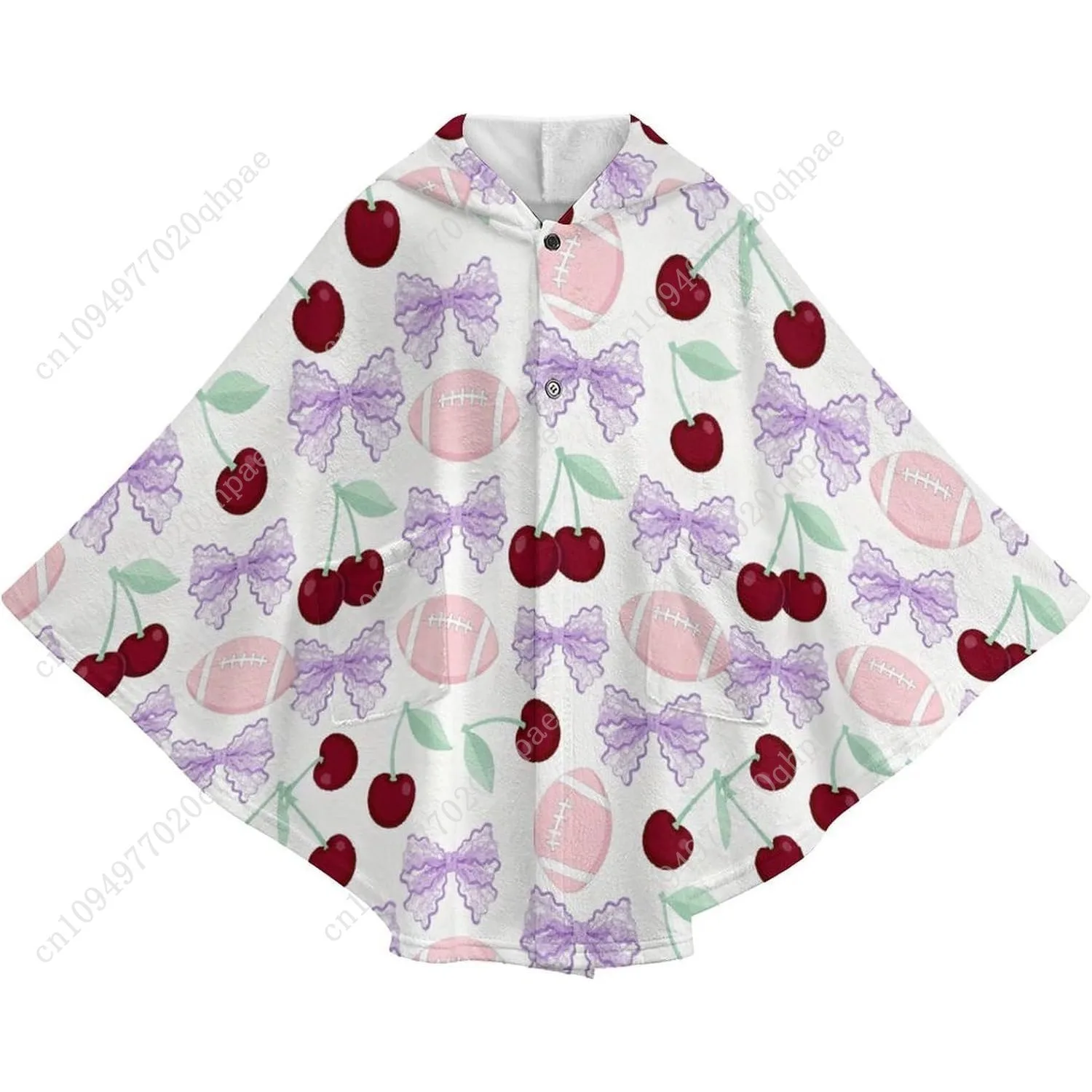 Pull couverture en flanelle confortable, sweat à capuche surdimensionné cerise avec nœud violet de football avec poches pour enfants et adolescents