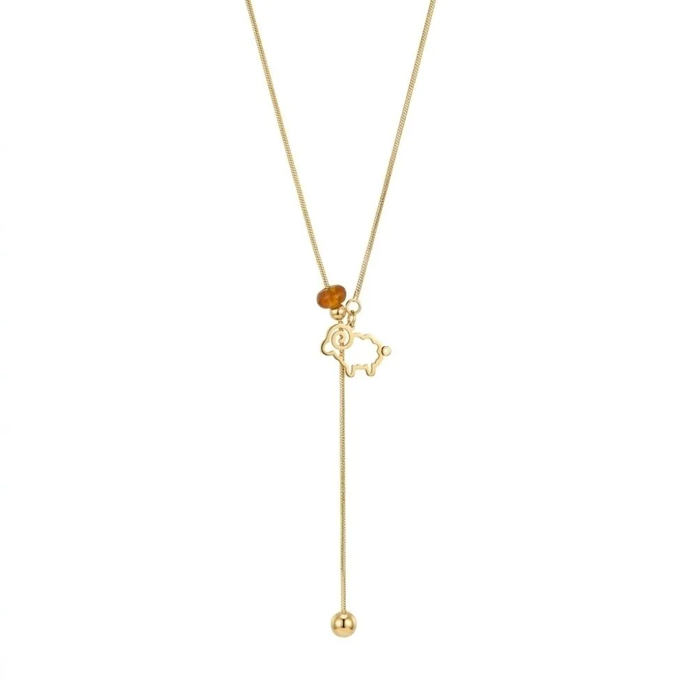Cute Alloy Sheep Pendant Necklace Adjustable Y-Shaped Sweater Chain Irregular Tiger Eye Stone New Year Long Necklace Daily Wear