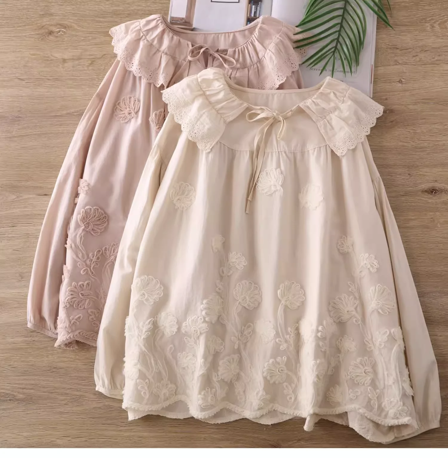 Victorian Elegant Lolita Shirts Women Japan Style Cotton Lace Hollow Out Collar Handmade Flowers Blouses Long Sleeve Tops