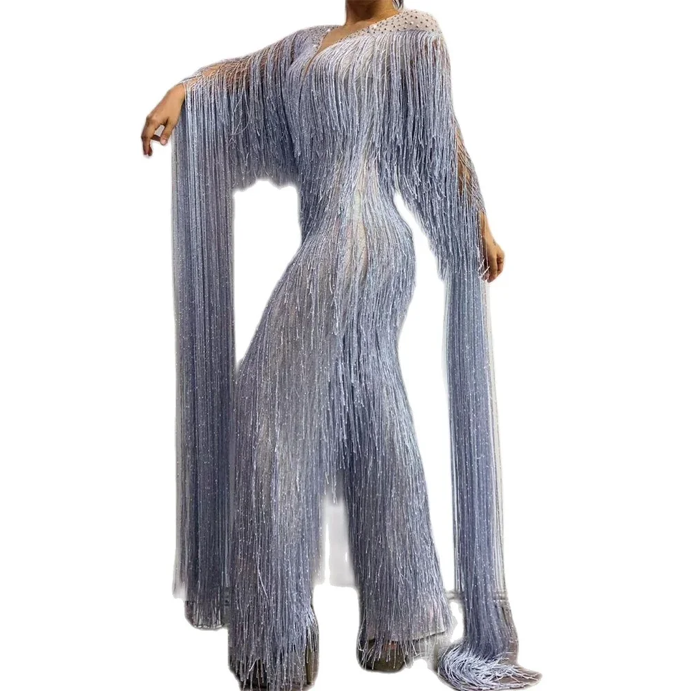 Shining Silver Fringes  Floor-Length Sleeve Women Jumpsuit Mesh Perspective Playsuit Singer Stage Wear Evening Prom Costumes