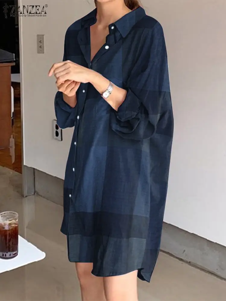 Vintage Check Shirt Dress ZANZEA Women Summer Sundress Robe Femme Casual Long Sleeve Short Vestidos Female Lapel Button Kaftan