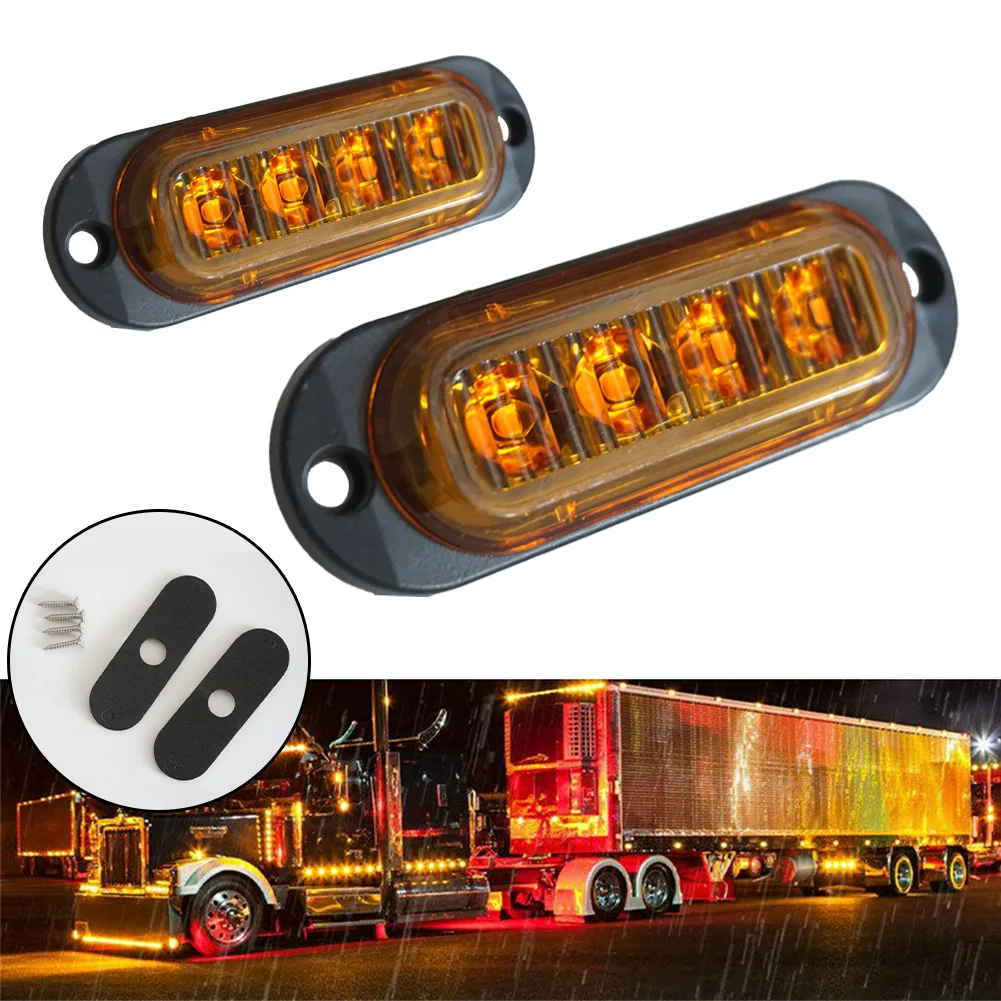 2pcs Yellow 4 LED Side Marker Clearance Light Orange Lamp Indicator 12V-24V For Truck Trailer Caravans RV Lorry Car Accessories