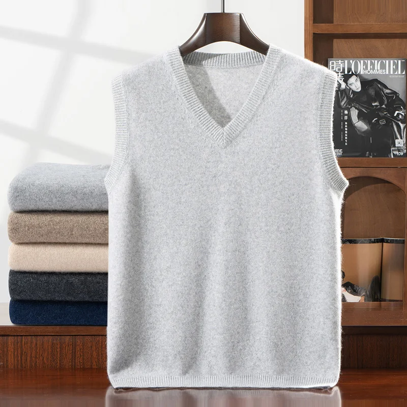 ANGEL Men V-neck Cashmere Waistcoat Spring Autumn Winter Solid Sleeveless Pullover Sweater 100% Goat Cashmere Knitwear Vest Top view 3