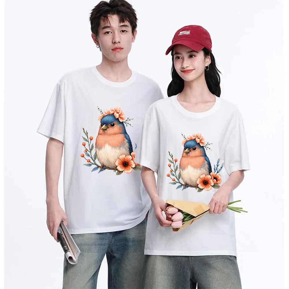 Blue Bird With Peach Flowers Printed T Shirt Cotton S-XXL Personalized Custom T Shirt Casual Short Sleeve Tee Aesthetic Graphic
