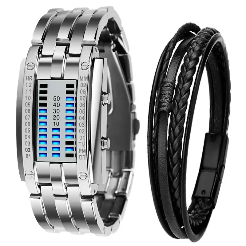 Impermeável LED Electronic Sport Watch para homens, Masculino Binary Steel Band, Lava Watch, Lâmpada de linha dupla, 50m