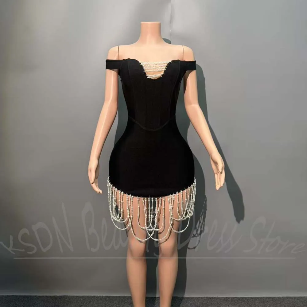 Fashion Pearls Women Dresses Exquisite Off The Shoulder Beads Black Prom Gowns Luxury Short Style Evening Party Mini Dresses