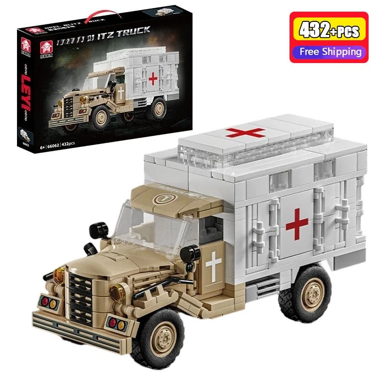 

432Pcs Military Medical Ambulance Building Blocks WW2 Truck Model Army Field Hospital Vehicle MOC Bricks Toys for Boys