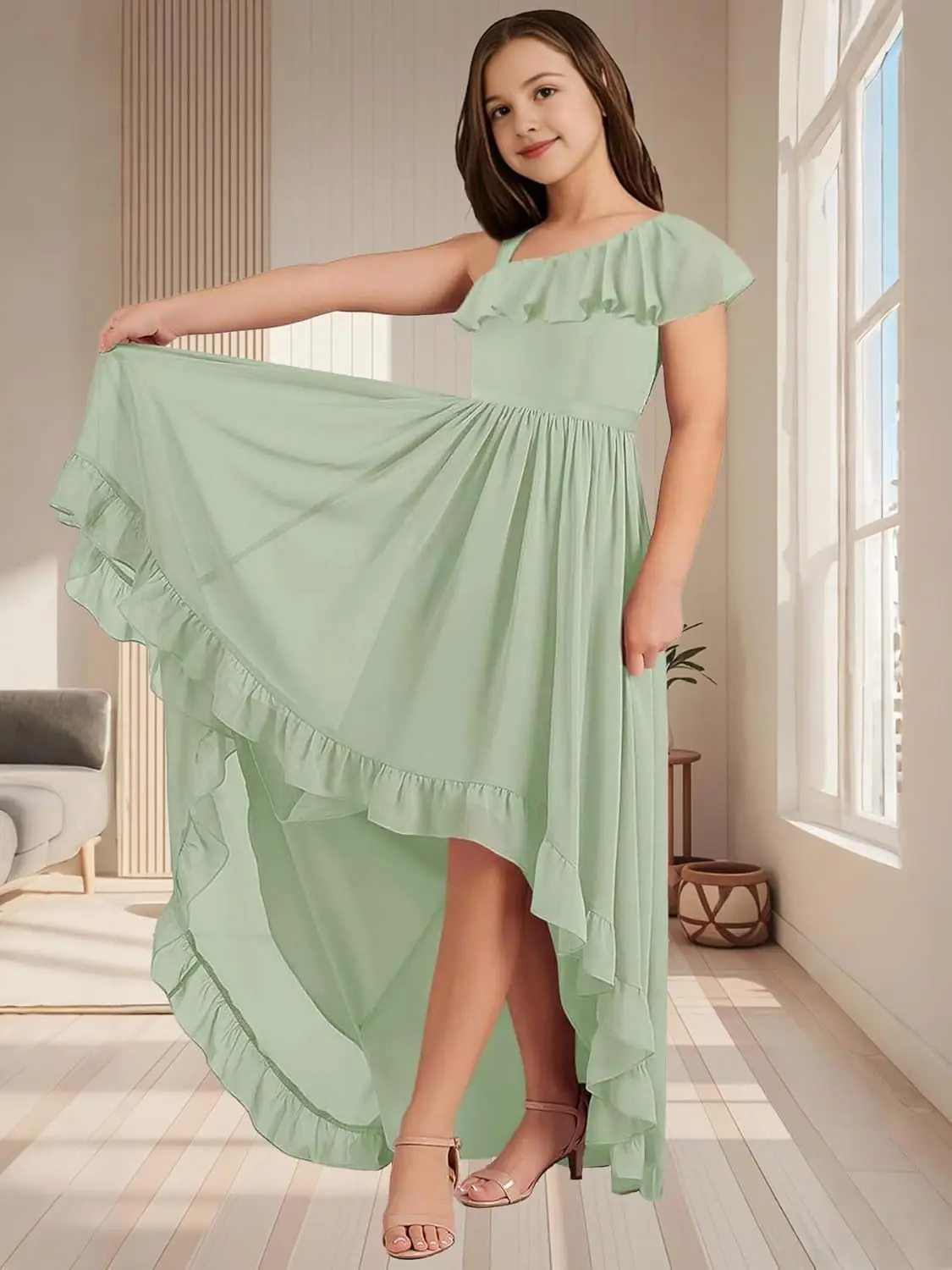 ชุดเพื่อนเจ้าสาวรุ่นจูเนียร์ทรงเอไลน์ ผ้าชีฟองแบบไฮโลว์ ชุดราตรีงานเลี้ยงยาวสำหรับเด็กผู้หญิง พร้อมดีเทลลายดอกไม้