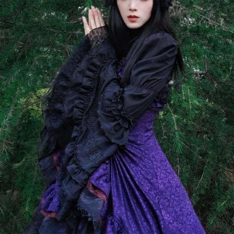 Lolita estilo doce blusa roupas femininas 2025 camisas de mujer manga alargamento gola camisa babados retalhos rendas branco topos