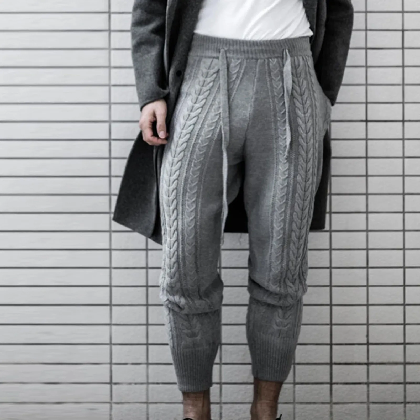 

Men Knitted Trousers Pants Slim Fashion Male Ankle-Length Pants Drawstring Solid Color Pencil Autumn Winter Warm Woollen Trouser