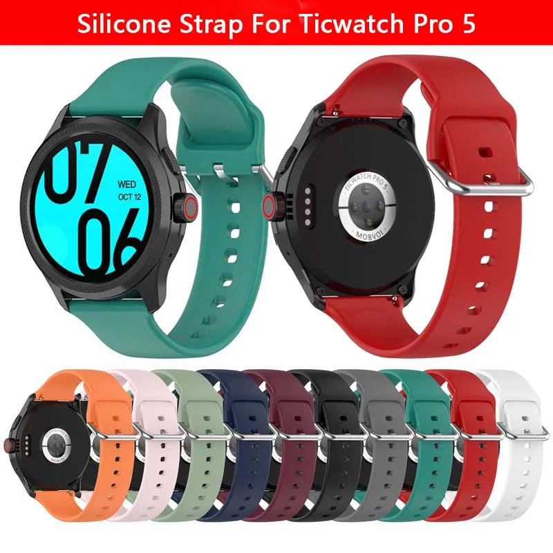 24mm Plain Silicone Strap For Mobvoi TicWatch Pro 5 Smart Watch Matte Belt Silver Buckle Band Quick Release Bracelet Wristband