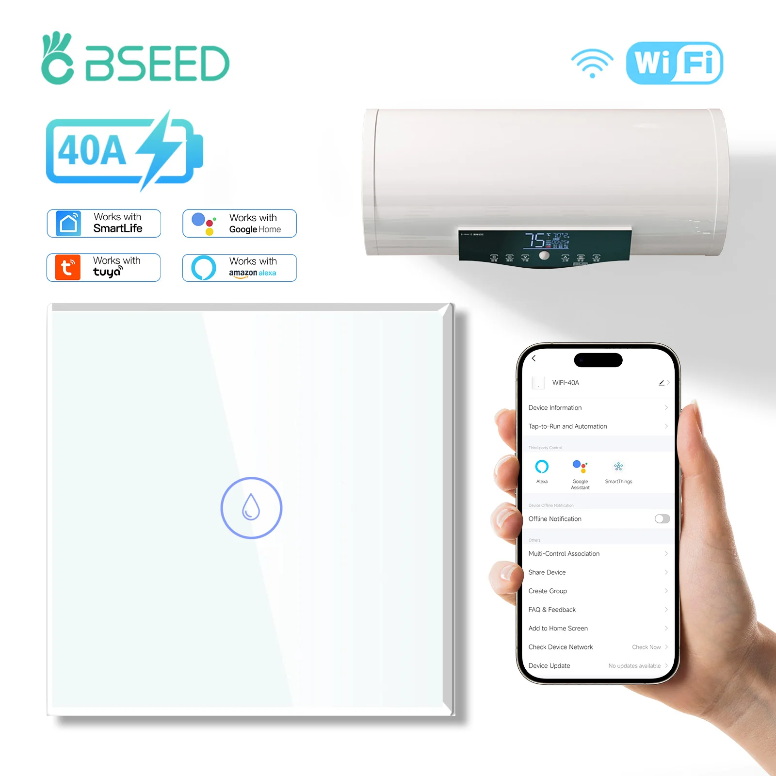 BSEED 40A Smart Wifi Water Heater Boiler Wall Touch Switch Air Conditioner Timing Function Tuya Alexa Google Home Voice Control