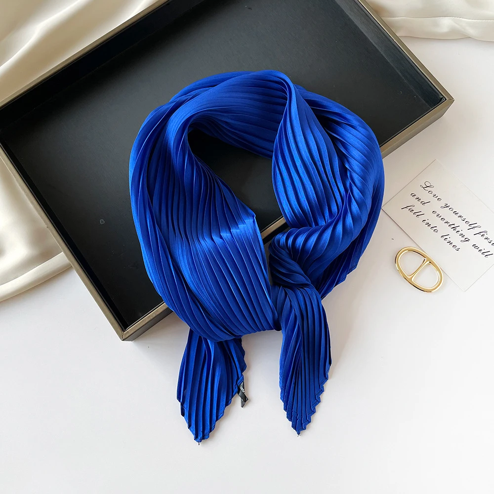 70CM Women Crinkled Hair Scarf Summer Bright Color Silk Satin Pleated Scarf Female Hair Tie Band Head Neck Scarf Bandana Scarves