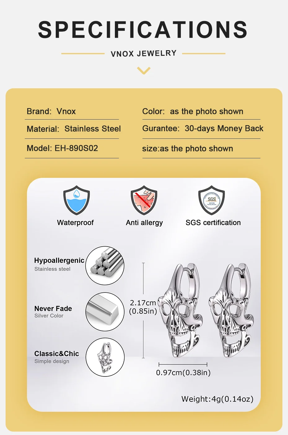 Vnox Gothic Totenkopf Huggie Hoop Ohrringe für Männer, Edelstahl Punk Hohl Skelett Rock Halloween Vintage Ohrschmuck Geschenk – Detail 4